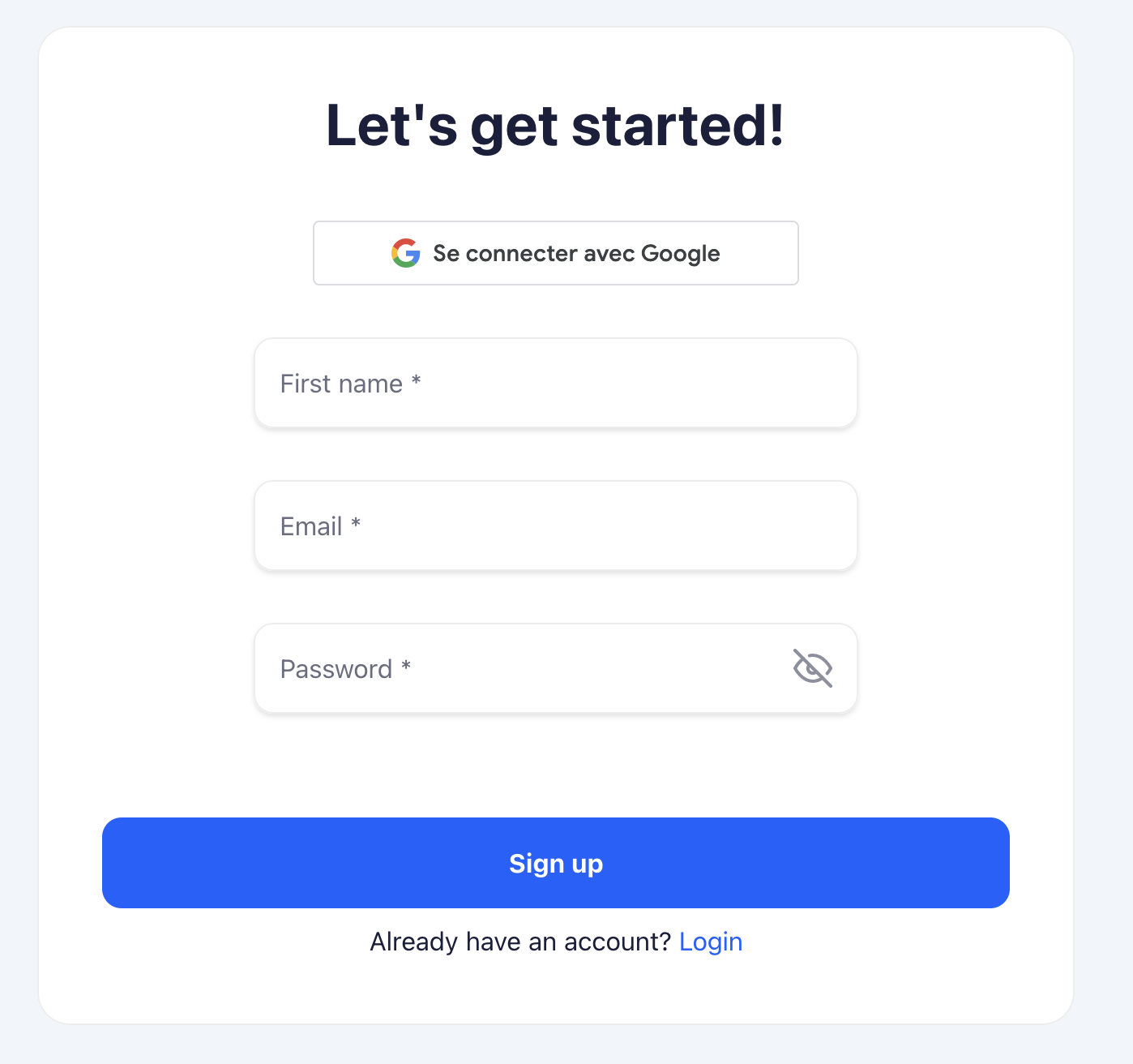 Auth sign-up form screenshot